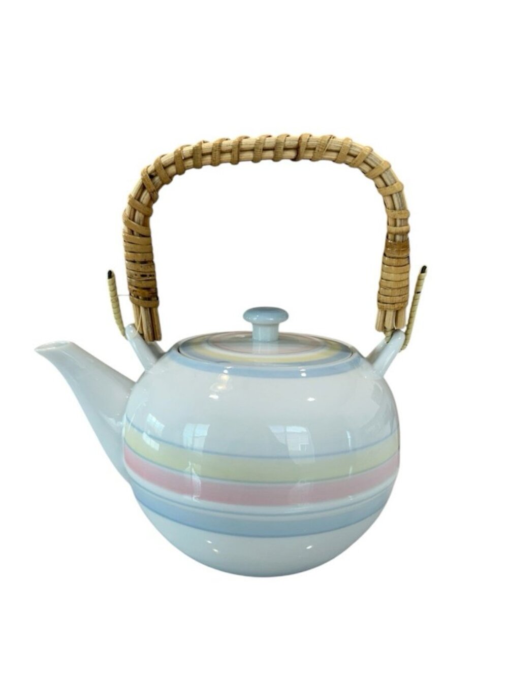 Vintage Fukagawa Seiji Teapot Arita Porcelain Pastel Stripes Bamboo Handle Japan